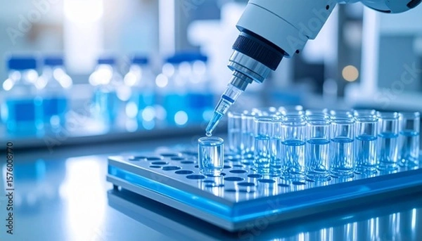 Fototapeta Robotic pipette extracting vaccine liquid into tray, cool sterile lab scene with reflections and soft blur, macro 3D render.