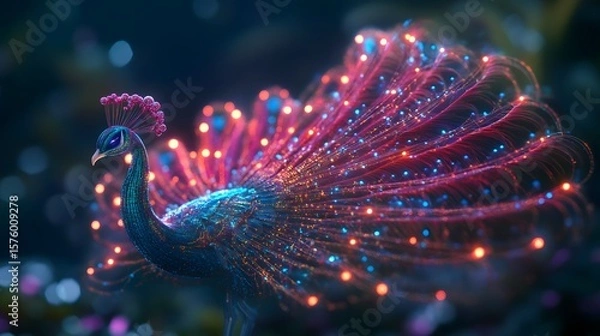 Fototapeta Luminous peacock with glowing plumage.