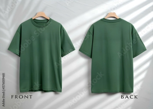 Fototapeta Green t shirt front and back view hanging on wooden hanger with shadow overlay