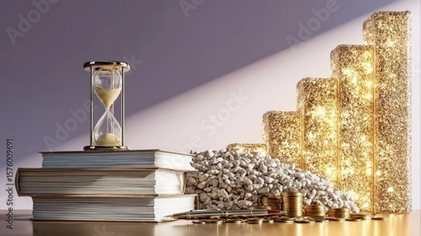Obraz Hourglass, books, coins, and rising graph illuminate time, knowledge, and wealth