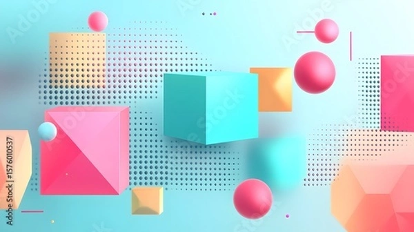 Fototapeta Colorful geometric shapes in a light pastel background.