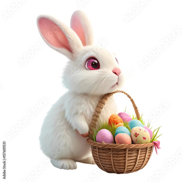 Fototapeta Easter Bunny with Basket of Colorful Eggs isolated on transparent background