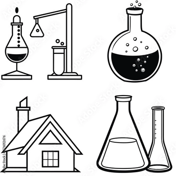 Obraz Vector art of a set of scientific and architectural illustrations showcasing laboratory equipment, a house with a chimney, and various chemical flasks
