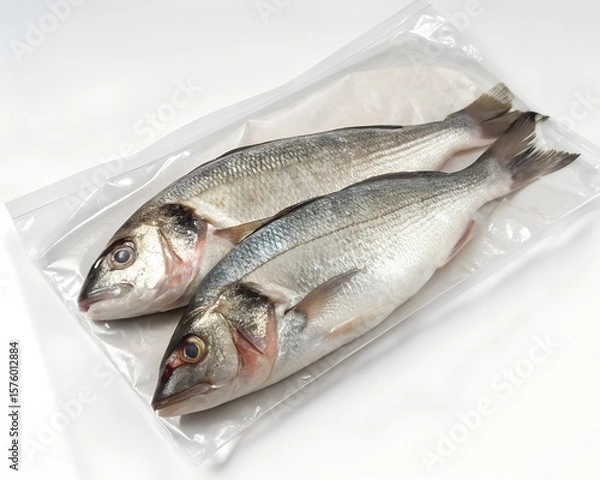 Obraz Fish packaged in clear vacuum-sealed bag with minimal design