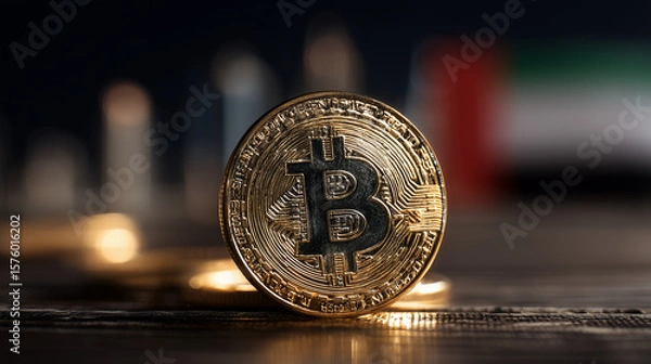 Fototapeta bitcoin coin with dubai skyline and uae flag in background