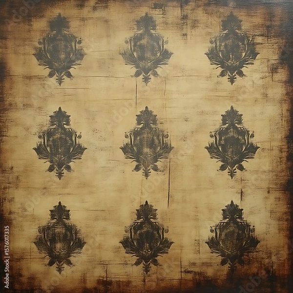 Fototapeta Distressed beige canvas with repeating dark floral pattern