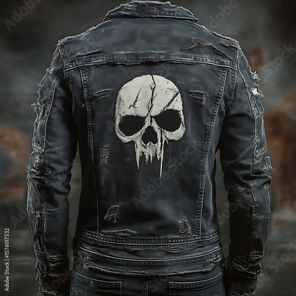 Fototapeta Distressed denim jacket featuring a skull graphic