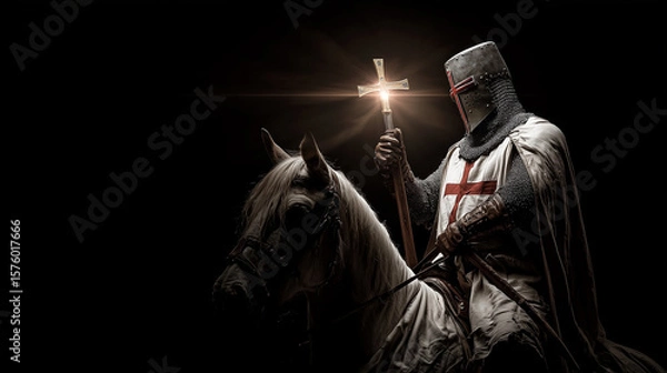 Fototapeta knight templar on horse holding shining holy cross on dark background