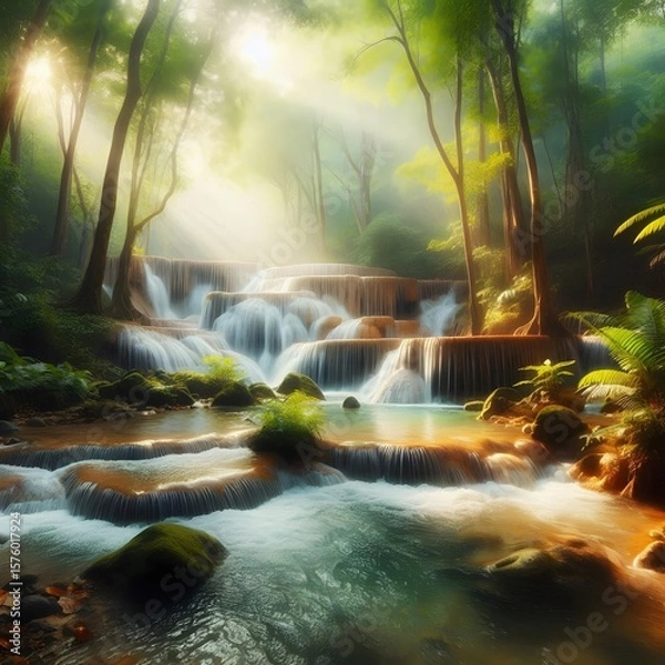 Obraz beautiful waterfall in forest with soft sunlight