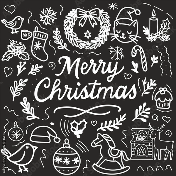 Fototapeta Merry Christmas doodle on black background with holiday icons: cat in Santa hat, wreath, candle, rocking horse, fireplace, cupcake, winter plants and handwritten lettering