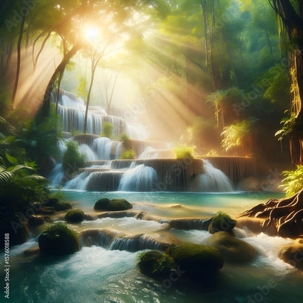 Obraz beautiful waterfall in forest with soft sunlight