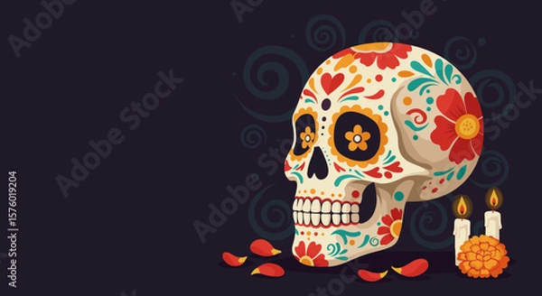 Fototapeta Festive illustration of a decorative Day of the Dead skull for cultural celebrations and event marketing