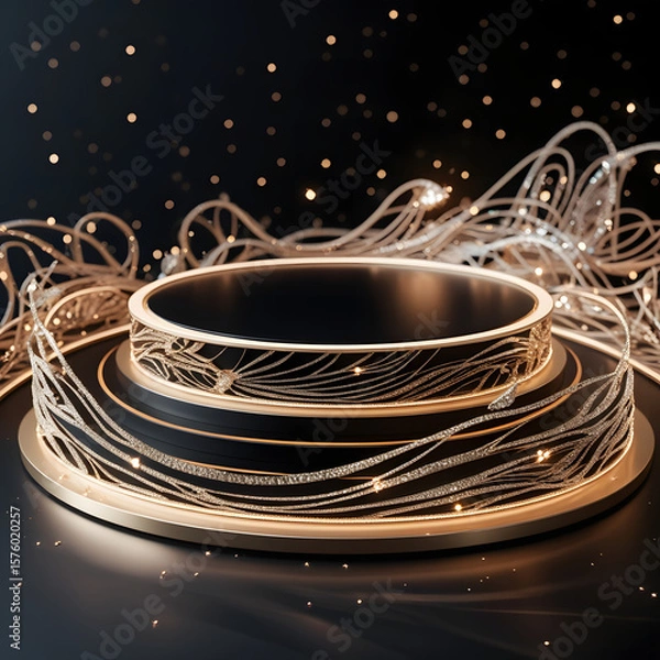 Fototapeta Elegant black (round)  podium background with flowing light golden lines 