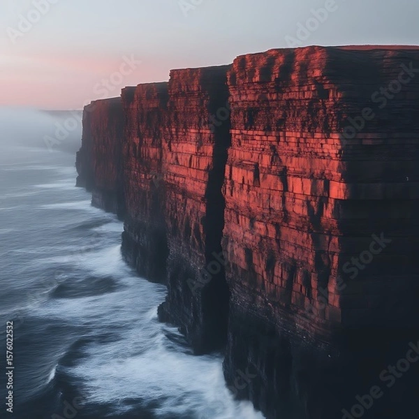Fototapeta Dramatic coastal cliffs at sunrise.  Ocean waves crash against towering, red-hued rock formations. Misty atmosphere
