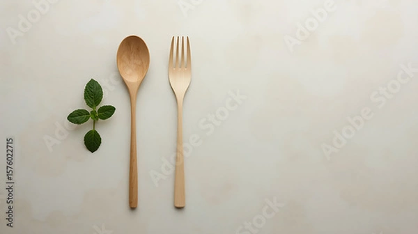 Fototapeta A minimalistic kitchen with a wooden spoon and fork, green mint leaves, and soft lighting, features a clean, simple, and balanced composition with a natural, eco-friendly aesthetic.