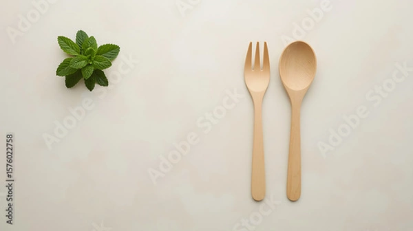 Fototapeta A minimalistic kitchen with a wooden spoon and fork, green mint leaves, and soft lighting, features a clean, simple, and balanced composition with a natural, eco-friendly aesthetic.