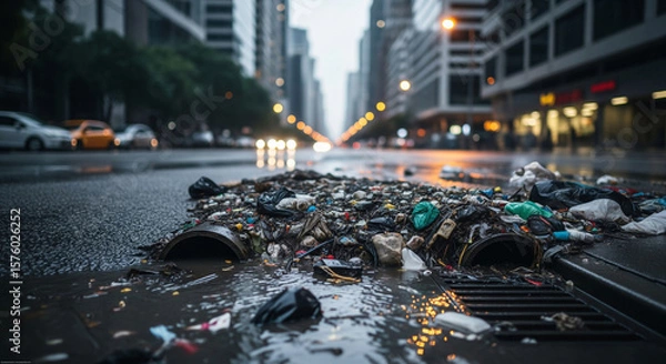 Obraz Street sewer clogged with garbage during rain, solid urban background, concept of urban waste management and pollution prevention, street flooding