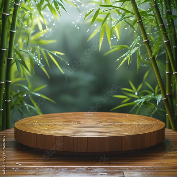 Fototapeta Round woodenfloor  for product display with and background have bamboo leaves after raining 