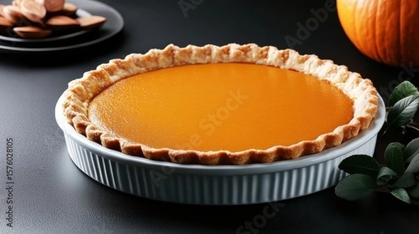 Fototapeta Delicious Pumpkin Pie with Fresh Ingredients and Rustic Autumn Background