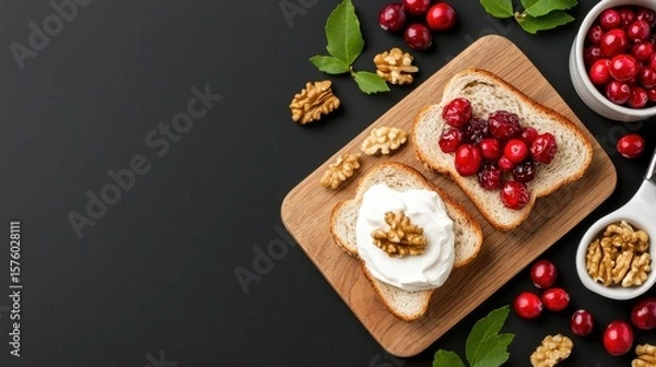 Fototapeta Rustic Wooden Cutting Board with Fresh Bread and Assorted Nuts Displayed