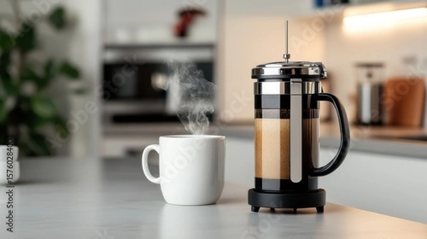 Fototapeta Inviting Coffee Pot and Warm Cup on Rustic Countertop Evoking Comfort