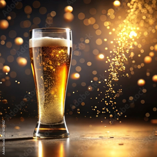 Obraz Beer glass with rising golden bubbles and motion blur effect, dynamic beverage magic, dynamic drink presentation perfect for eye-catching ad campaigns