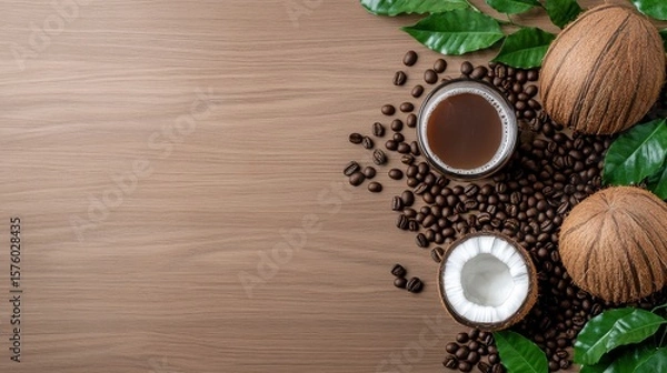 Fototapeta A Rustic Wooden Table Adorned with Rich Coffee Beans and Fresh Coconut