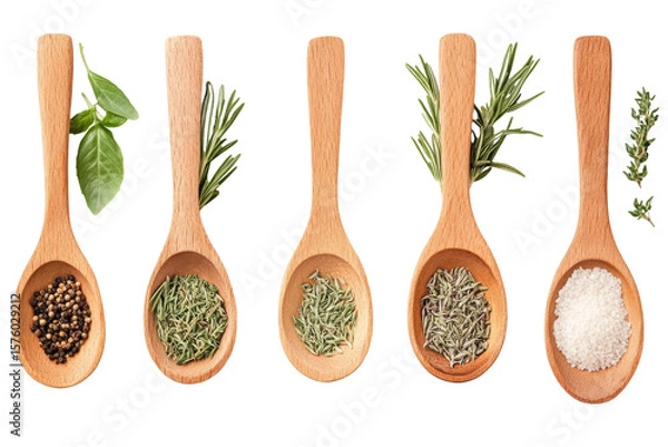 Fototapeta Culinary Delights: wooden spoons elegantly display an array of culinary herbs and spices, a colorful showcase of fresh ingredients. 