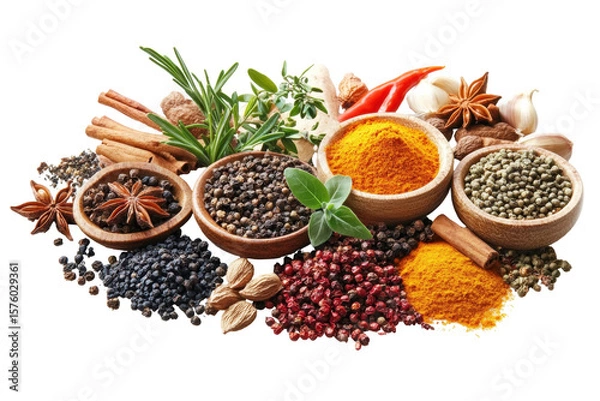 Fototapeta Aromatic spice symphony: An eye-level shot of colorful, vibrant herbs and spices, carefully arranged in wooden bowls. This image evokes a sense of culinary exploration and sensory delight.