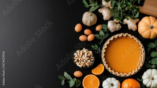 Fototapeta Colorful Table Display with Delicious Pie and Fresh Juicy Fruits Arrayed