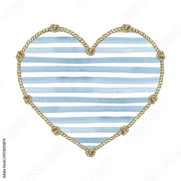 Fototapeta A heart in the form of a frame made of braided rope with knots. Inside the frame is a background with horizontal stripes of blue and white colors. It is painted in watercolor in a nautical style.