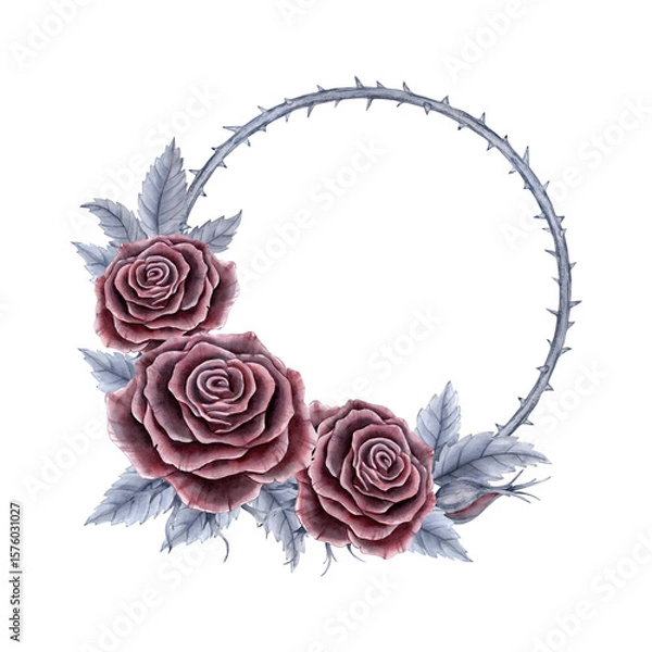 Fototapeta A round gloomy wreath with red roses, gray leaves and thorns. It was painted in watercolor for postcards, labels, and packaging.