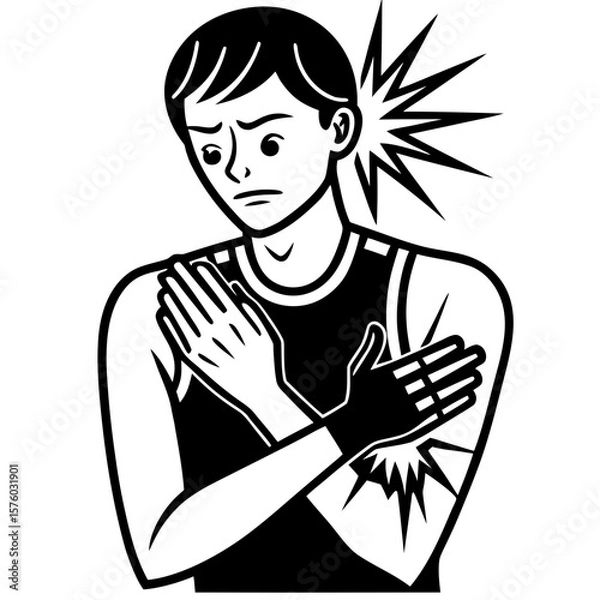 Fototapeta Hand Touching Inflamed Skin on Arm – Black and White 2D Close-Up Animation

