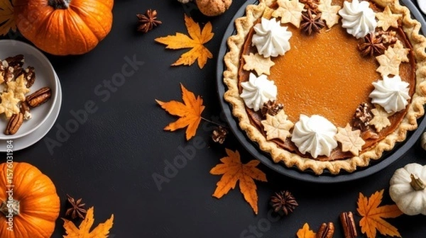 Fototapeta Delicious Pumpkin Pie Topped with Whipped Cream on Dark Elegant Surface
