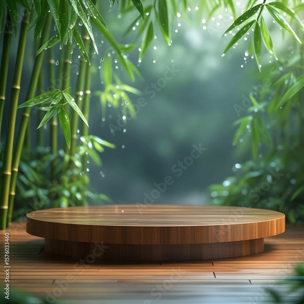 Fototapeta Round woodenfloor  for product display with and background have bamboo leaves after raining 