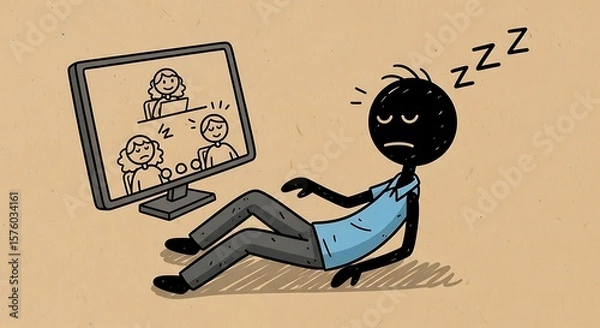 Fototapeta Exhausted worker sleeping during virtual meeting, humorous depiction of remote work fatigue