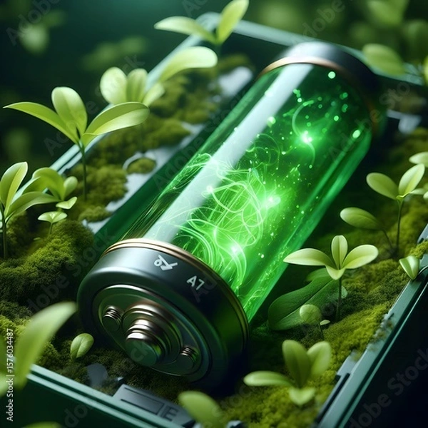 Obraz green glowing battery closeup in nature ecology