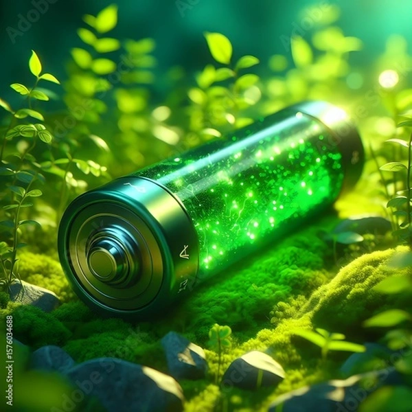 Obraz green glowing battery closeup in nature ecology