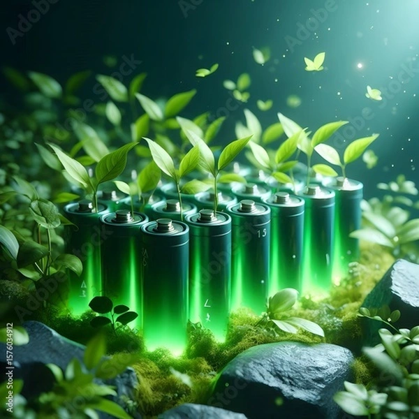 Obraz green glowing battery closeup in nature ecology