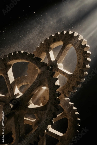 Fototapeta Generative AI Dusty Gears in Light Rays Cogwheel Mechanism Dust Light rays Interlocking Machine Engineering Mechanical Detail Close-up Black background Metal Industrial - Unique Design