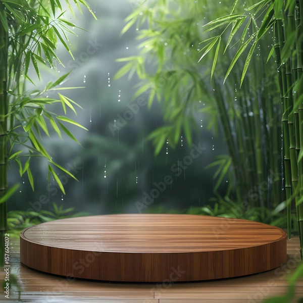 Fototapeta Round woodenfloor  for product display with and background have bamboo leaves after raining 