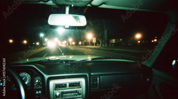 Fototapeta Generative AI Night Drive View From Inside Car Driving Road Dashboard Windshield Street lights Interior Vehicle Transportation Rearview mirror City Urban Oncoming traffic