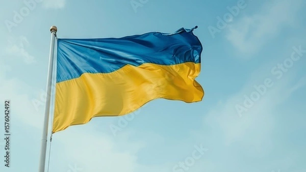 Fototapeta The national flag of Ukraine proudly flutters against the sky, symbolizing freedom, unity, agricultural heritage, and the resilient spirit of the Ukrainian people