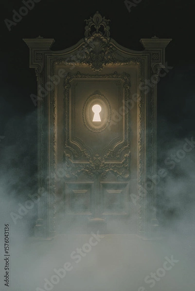 Fototapeta Generative AI Ornate Doorway with Keyhole and Mist Door Fog Light Entrance Portal Frame Wood Carved Architecture Dark Shadow Key Antique Vintage Mystery Secret Fantasy