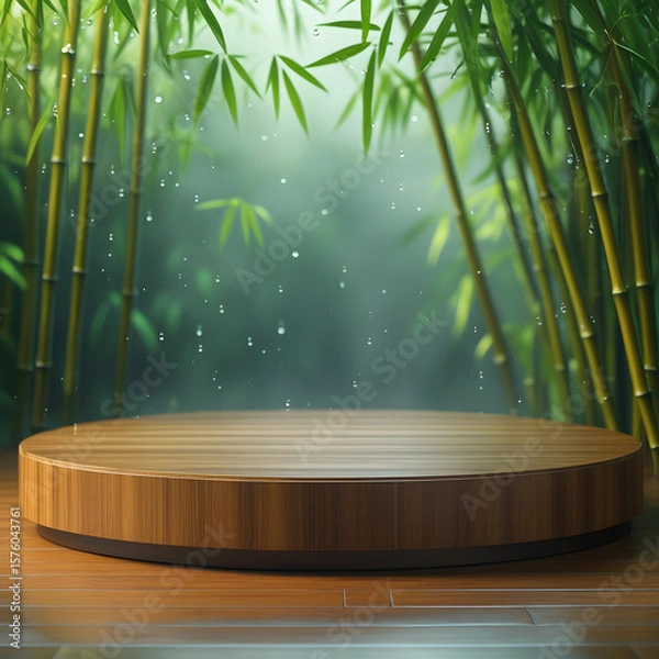 Fototapeta Round woodenfloor  for product display with and background have bamboo leaves after raining 