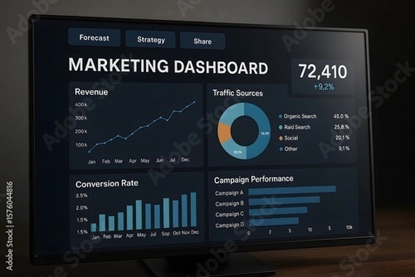 Fototapeta The dynamic display of a 'Marketing Dashboard', packed with interactive charts, graphs, and real-time data visualization designed to help a business's analytical and marketing operations