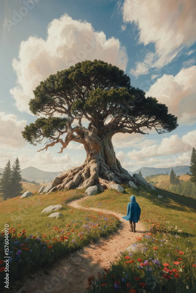 Fototapeta Generative AI Lone Walker Under Ancient Tree Ancient tree Landscape Person Field Flowers Hill Path Sky Clouds Blue cloak Roots Meadow Nature Scenic Outdoors Walking Travel - Download Now
