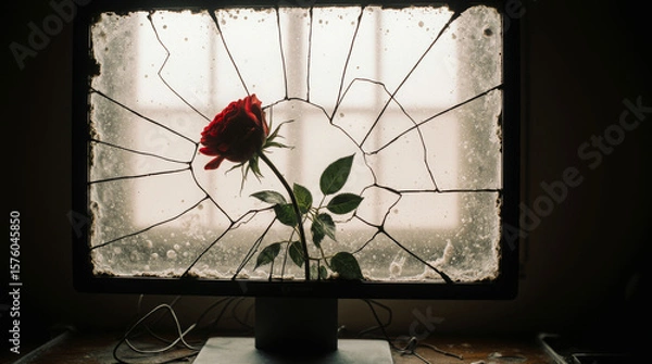Fototapeta Generative AI Rose Growing Through Broken Screen Red rose Flower Broken screen Computer screen Monitor Damaged Glass Cracked Still life Floral Bloom Nature Plant Stem - Unique Design