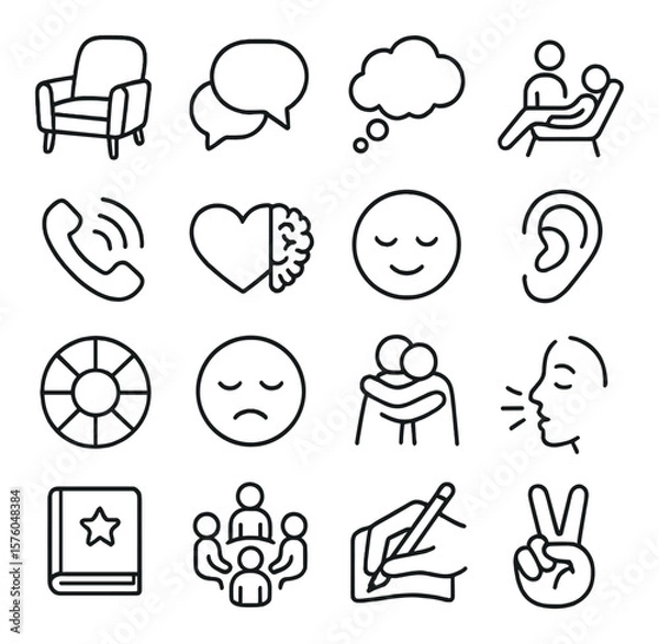 Fototapeta Mental Health & Support line art icons. counseling chair, talking bubble, thought cloud, therapy session, support hotline icon, heart + brain, calm face, listening ear, emotion