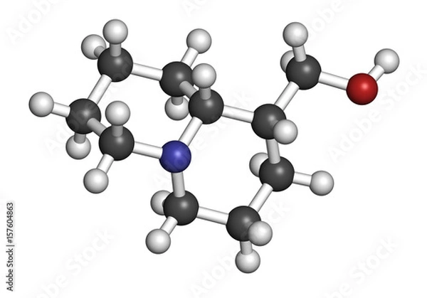 Fototapeta lupinine lupin alkaloid molecule. 3D rendering. Atoms are represented as spheres with conventional color coding: hydrogen (white), carbon (grey), oxygen (red), nitrogen (blue).